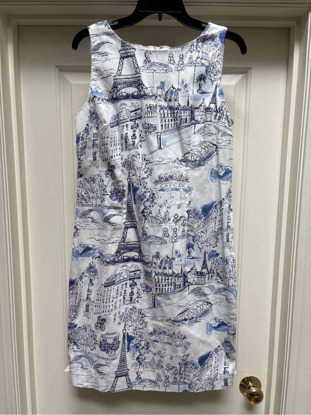 Chetta B White and Blue Paris Print Sleeveless Shift Dress